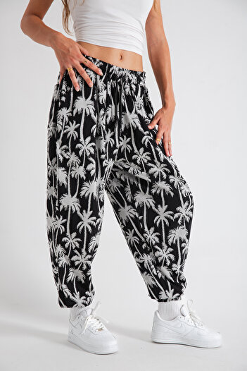 SUPERBLUE Women's Palm Patterned Pleated Baggy Trousers