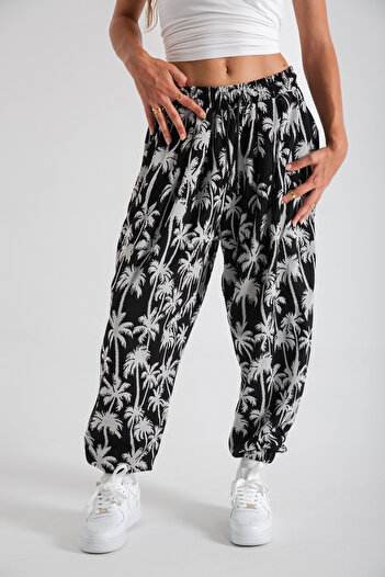 SUPERBLUE Women's Palm Patterned Pleated Baggy Trousers