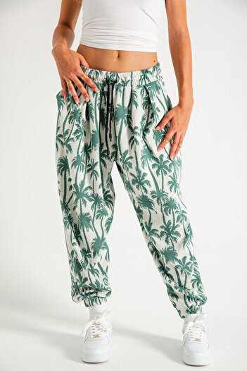 SUPERBLUE Women's Palm Patterned Pleated Baggy Trousers