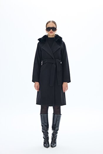 SevdeUgur Black Furry Stamp Women's Coat / Colleciton