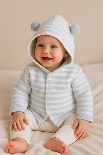MYZİ STORE Knitwear Hooded Double Layer Girl - Baby Boy Cardigan 12356