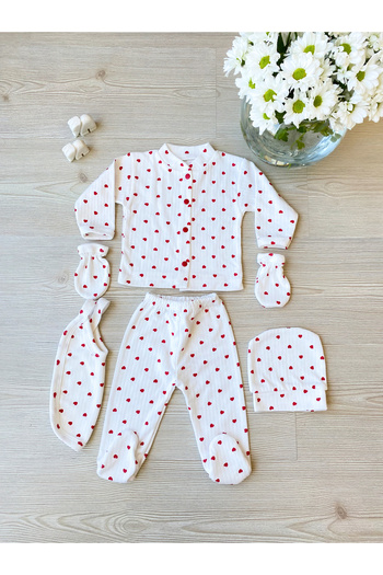 Convolantis Ribbed 5 Piece Newborn Hospital Release Red Heart Bodysuit Set