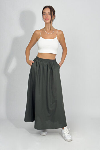 Betimoda Poplin Elastic Waist Pocket Long Skirt Dark Green