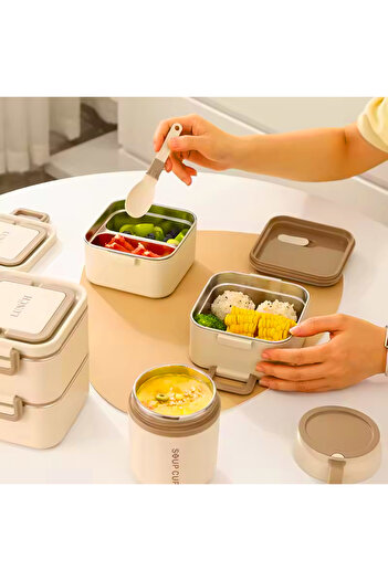 OEM Set of 2 Bento Lunch Boxes 1400ml Stainless Steel with 2 Leakproof Compartments, Cream