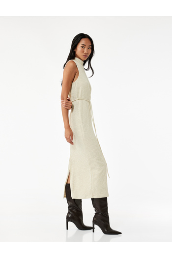Koton Slim Fit Glitter Belt Sleeveless Stand Collar Midi Length Pencil Dress