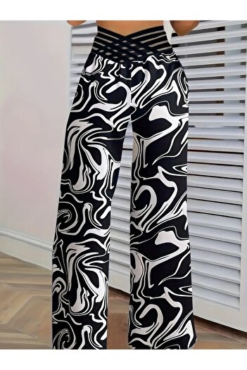Etos Women's Trousers High Waist Elasticated Spanish Paca Plazzo Black and White