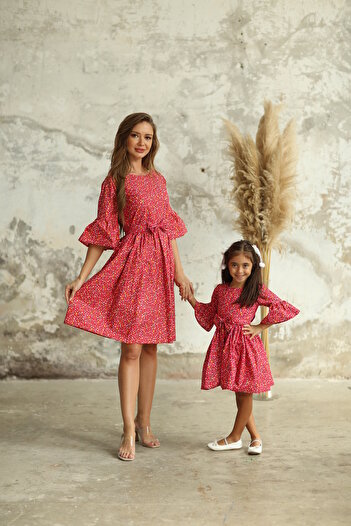 KÜÇÜĞÜM BUTİK Red Floral Patterned Waist Drawstring Design for Mother and Child - Separate Shoe Set