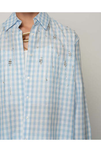 Orfeo Negro Robe Stone Embroidered Oversize Gingham Women's Shirt - Blue Plaid