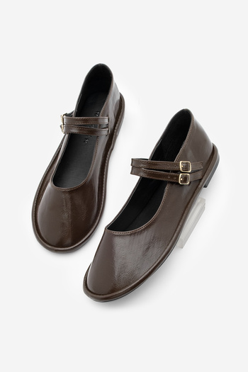 Marjin Women's Double Strap Buckle Ballerinas Larzen Brown