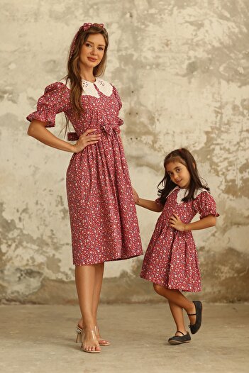 KÜÇÜĞÜM BUTİK Vintage Fisto Yakalı Bordo Çiçekli Poplin Anne Kız Tasarımı (ANNE VE ÇOCUK TEK TEK SATILMAKTADIR)