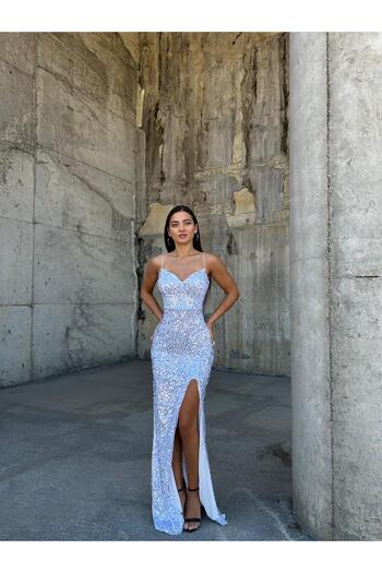 SELİN MODA EVİ Φόρεμα Trend με σχισμένο βελούδινο παγιέτες λευκό 583293