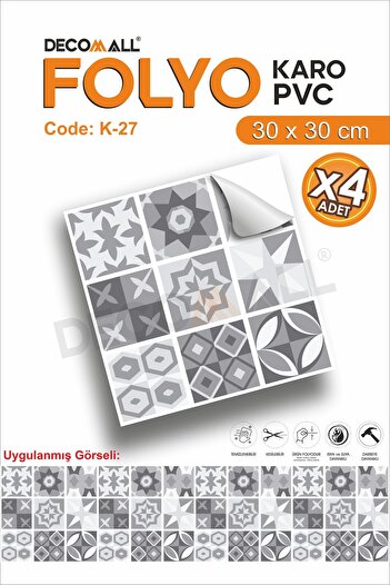 DECOMALL K-27 Kendinden Yapışkanlı FOLYO KARO Suya Dayanıklı Mutfak Banyo Zemin Kaplama 30x30 Cm(4 ADET)