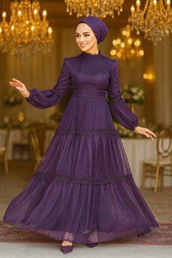 Neva Style Lace Detailed Purple Hijab Evening Dress 2335Purple
