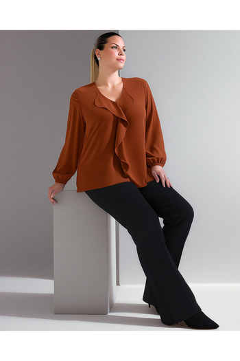 Hanezza Jessica Crepe Blouse - Plus Size, Ruffles, Tan, 50-52