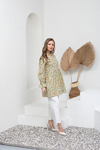KÜÇÜĞÜM BUTİK Green Poplin Tunic - Mini Floral and Ruffle Collar