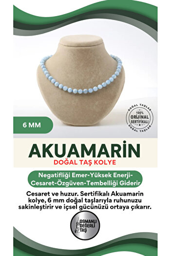 OSMANLI DEĞERLİ TAŞ Sertifikalı Akuamarin Doğaltaş Kolye 6 Mm, M556