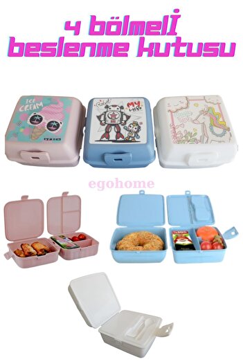 ego home Kendiden Kaşık ve Çatallı 4 Bölmeli Premium Beslenme Kutusu BPA Free Beyaz Unicorn