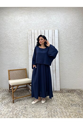 KÜÇÜĞÜM BUTİK Navy Blue Muslin Loose Blouse and Flared Skirt Set (Set of 2)