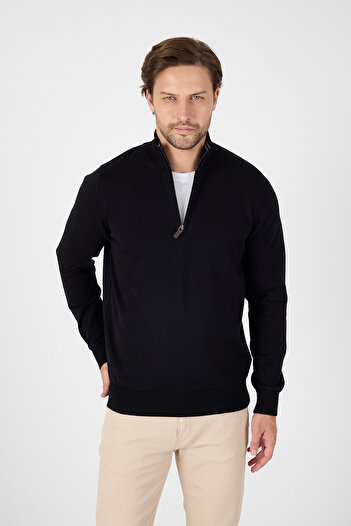 hateko Black 100% Cotton Half Zipper Stand Collar Knitwear Sweater