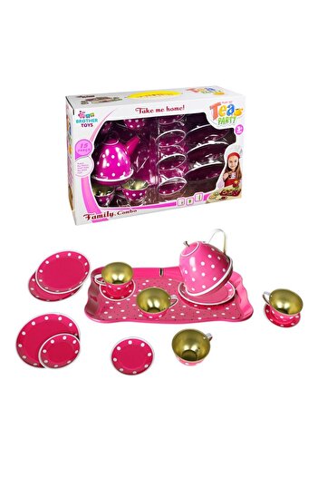 Brother Toys 15 Piece Polka Dot Metal Tea Set for Home and Kitchen, Cup, Teapot and Saucer 24 Cm. Pink