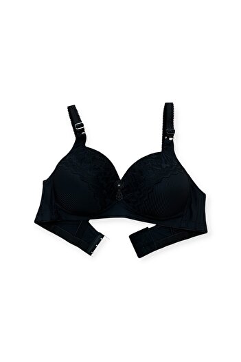 Divvinhomewear Women's Front Lace Detailed Wire Free No Padding Bra Black