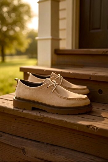 TUNAELLİ Men's Beige Nubuck Khaki Natural Leather Laced Shoes