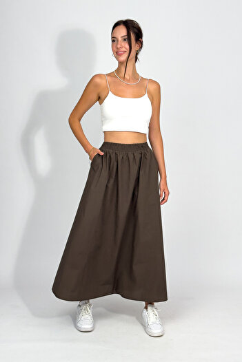 Betimoda Poplin Elastic Waist Pocket Long Skirt Brown