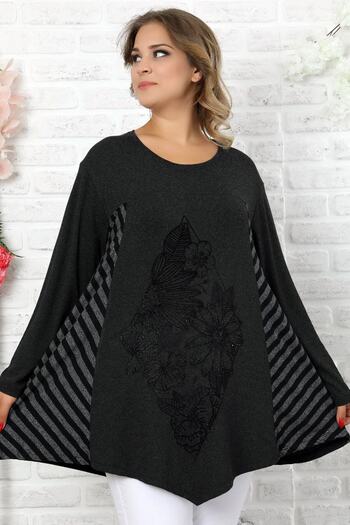Kheos Floral Stone Printed Blocked Long Sleeve Flowy Asymmetrical Tunic on the Front