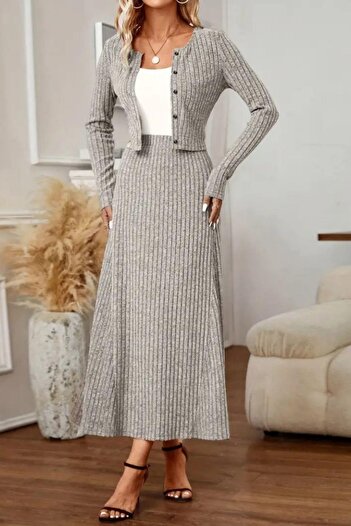 Mossta Long Sleeve Buttoned Blouse High Waist Skirt Camisole Two-Piece Set - Gray