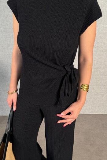 Mossta Short Sleeve Waist-Tied Double Set - Black