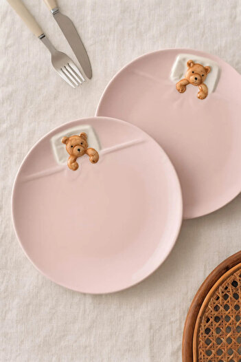 Anadolu Saray 2 ADET Pembe Seramik Yatan Ayı Şekilli Tasarım Handmade Pasta Tabağı Tatlı Kahvaltı Pasta Tabağı