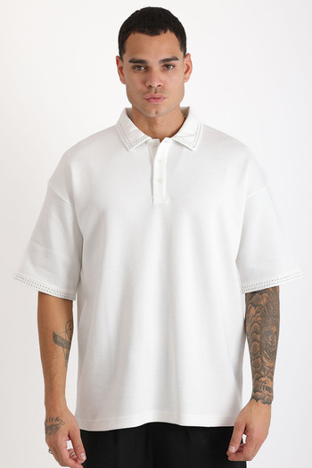 EGHO Double Pique Fabric Loose Fit Men's Polo Neck T-Shirt with Collar and Sleeve Stitching Detail