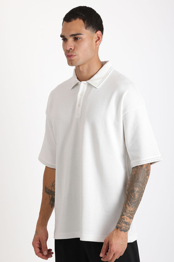 EGHO Double Pique Fabric Loose Fit Men's Polo Neck T-Shirt with Collar and Sleeve Stitching Detail