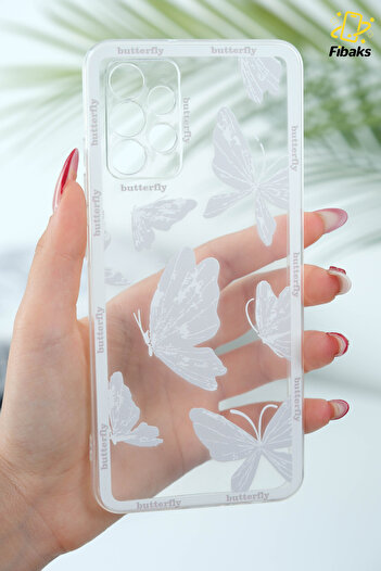 Fibaks Galaxy A32 Compatible Case Designed Patterned Camera Protection Transparent Butterfly Flexible Soft Silicone Cover