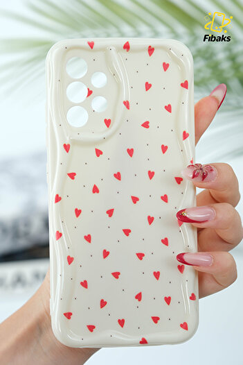 Fibaks Samsung Galaxy A23-A13 Case with Camera Protection Wave Edge Red Heart Pattern Silicone Cover