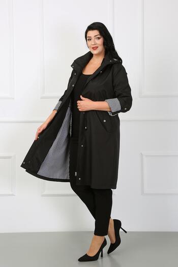 By Alba Collection Kadın Siyah Kolu Çizgili Uzun Büyük Beden Trençkot