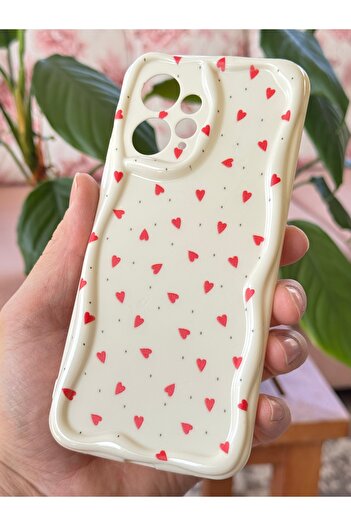 Fibaks Xiaomi Redmi Note 12 4G Kılıf Kamera Korumalı Dalga Kenarlı Kırmızı Kalp Desenli Silikon Kapak