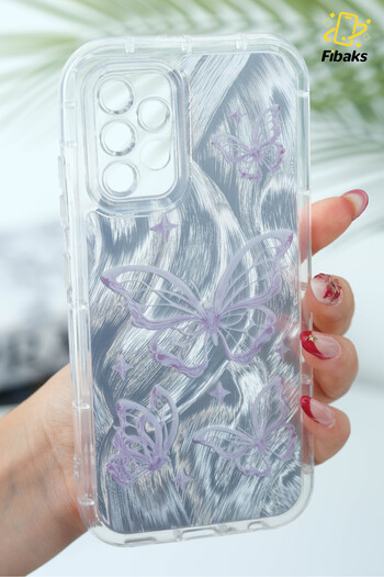 Fibaks Galaxy A32 Case Plug-In Camera Protection Glossy Hologram Butterfly Pattern Shock Absorbing Silicone