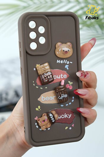 Fibaks Galaxy A32 Compatible Case Designed Patterned Camera Protection Teddy Bear Brown Colored Soft Silicone Cover
