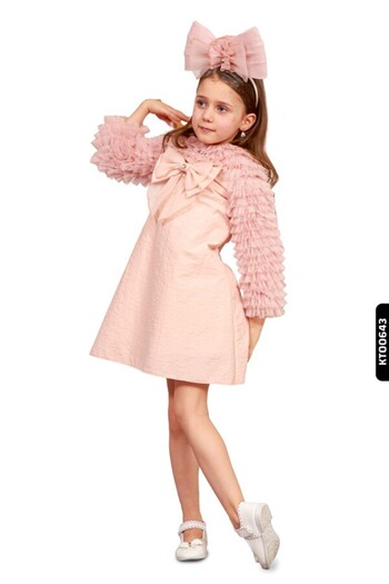Belladonna A-Line Form Girl's Dress - Age 3-10, Bundled, Gathered Sleeves, Clown Collar 6539