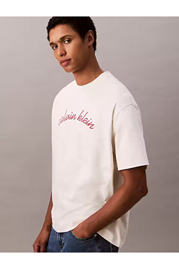 Calvin Klein Erkek Marka Logolu Organik Pamuklu Günlük Kullanıma Uygun Krem T-Shirt LV04RC225G YAS