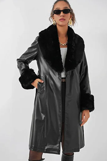 Bigdart Furry Faux Leather Black Women's Coat 1045