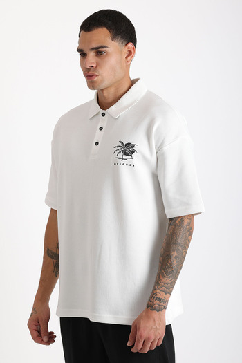 EGHO Chest Mykonos Embroidery Detailed Double Pique Fabric Loose Fit Men's Polo Neck T-Shirt