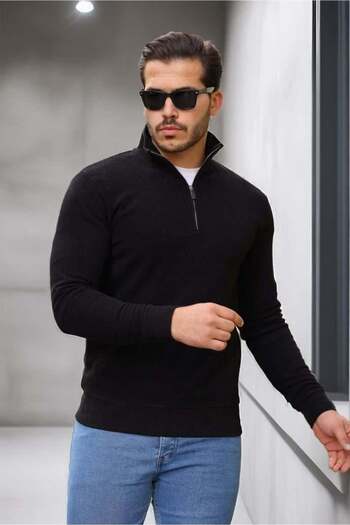 Valiberta Lars Selanik Knitted Fabric Half Zipper Men's Sweatshirt - Black