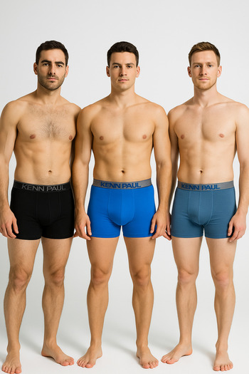 Kennpaul 3 Pcs Men's Plain Blue Tone Cotton Boxer Fitted