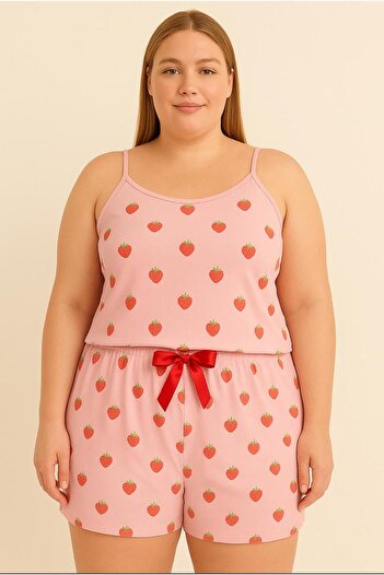 ModaLeaf Kadın Pembe Çilek Desenli İp Askılı Şortlu Pijama Takımı-22
