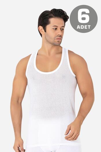 Arma Yıldız 6 Pack White Men's Mesh Undershirt Cotton Perforated Summer Men's Undershirt