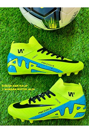 Walked Yellow Color Boys' Threaded Spiked High Top Football Boots Astroturf Football Sports Shoes