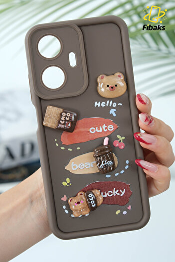 Fibaks Realme C55 Compatible Case Designed Patterned Camera Protection Teddy Bear Brown Color Soft Silicone Cover