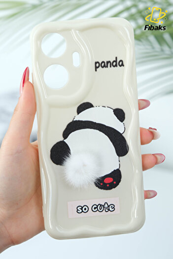 Fibaks Realme C55 Compatible Case Designed Patterned Camera Protection Panda White Tassel Silicone Cover